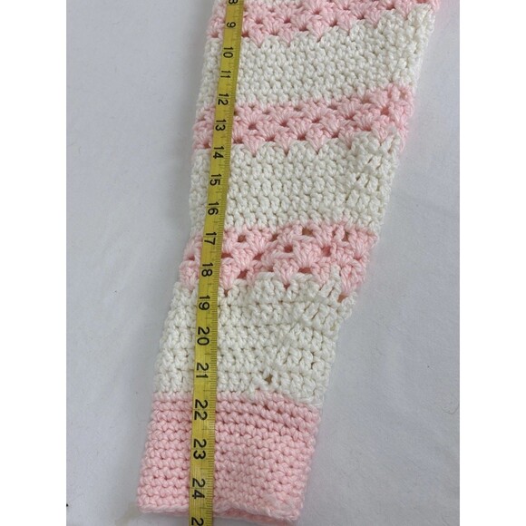 Vtg Hand Crochet Cardigan Sweater Size Lg Duster Pockets Pink White Cottagecore - Picture 12 of 12